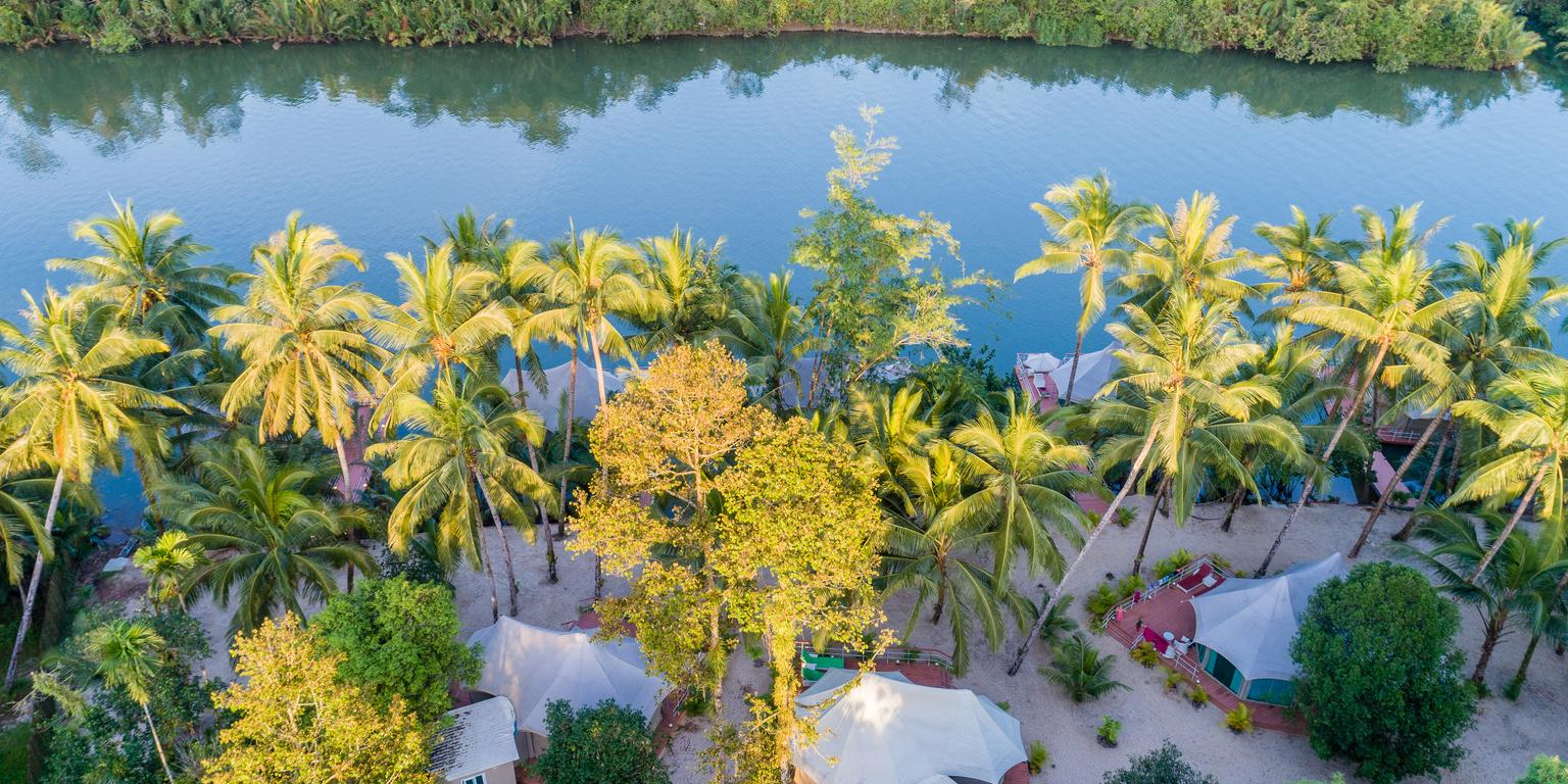 Four Rivers floating lodge aerial view