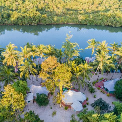 Four Rivers floating lodge aerial view