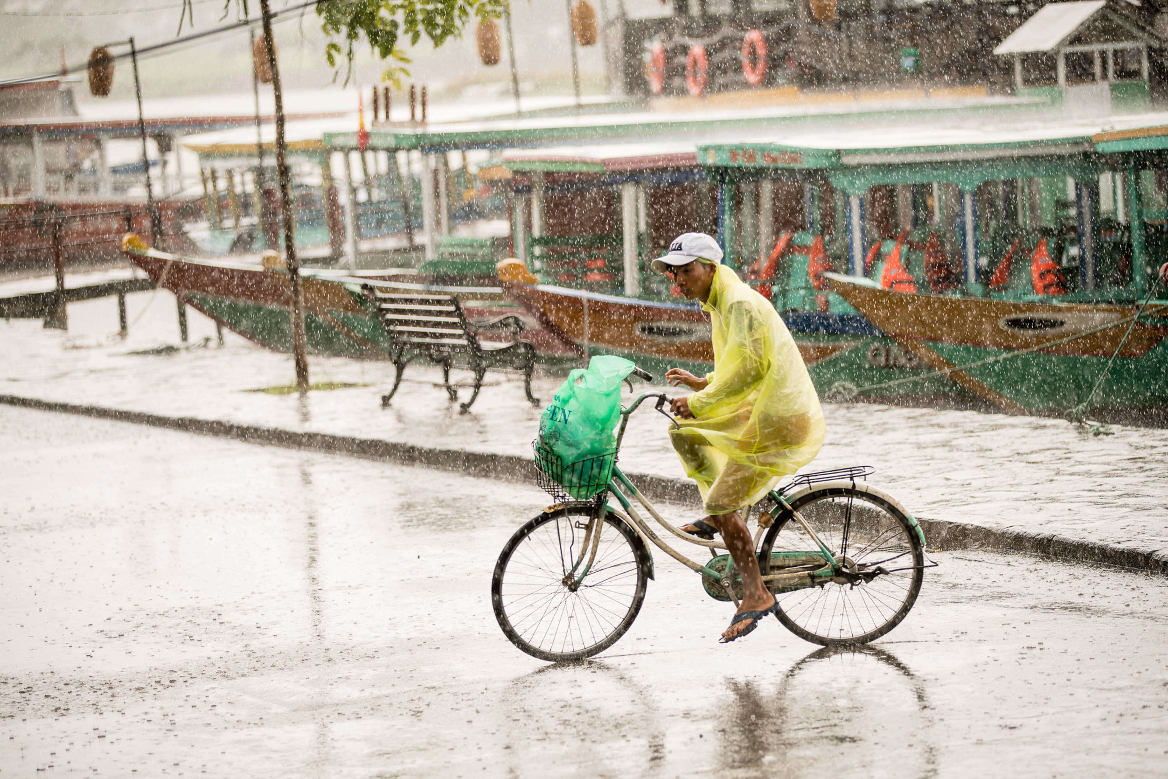 People riding bicycles whilst holding umbrellas